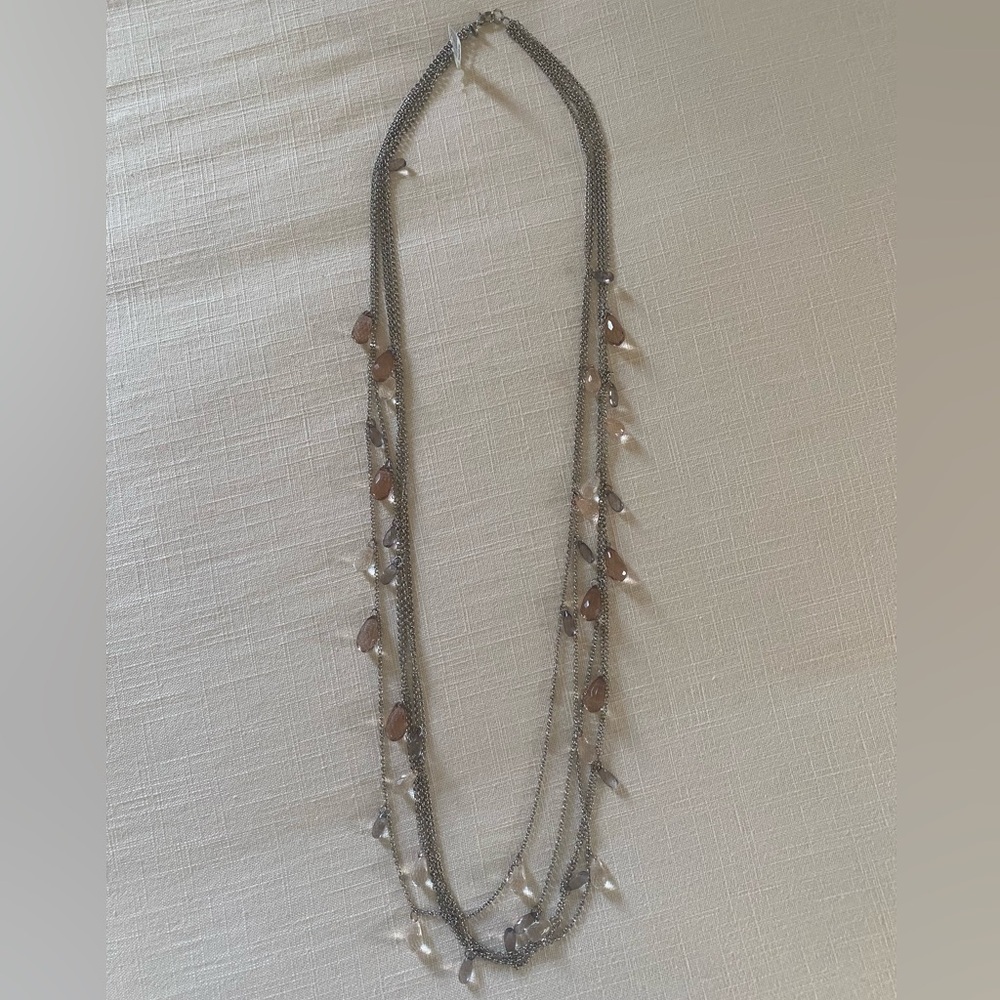 Loft Silver Multi-Strand Fashion Necklace with Pale Pink and Clear Crystals